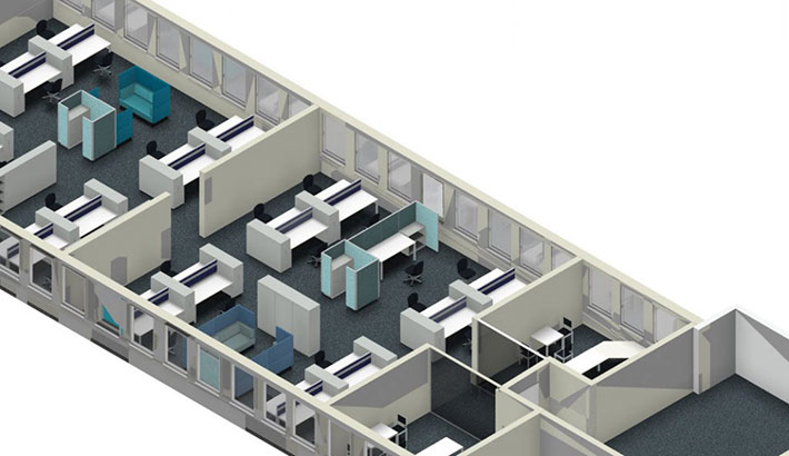 objects.sh Büroeinrichtung Großraumbüro Schreibtisch 3D-Planung